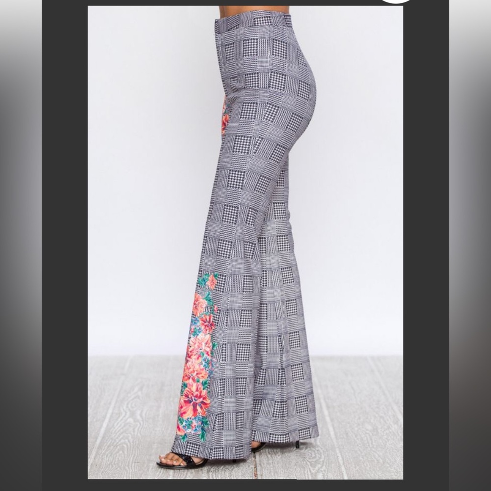 NEW Flying Tomato Plaid Flare Pants with Pink Floral Embroidery - Picture 3 of 5